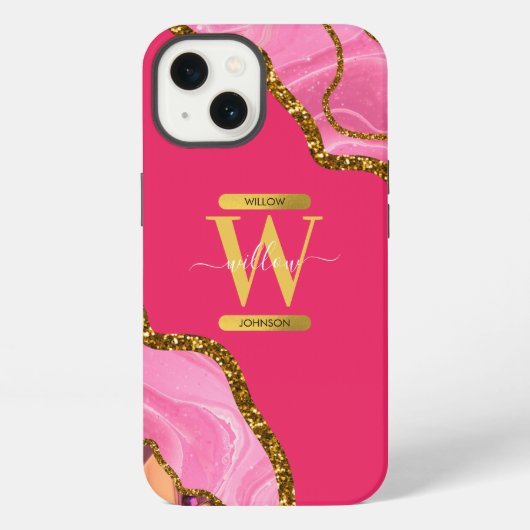 Etui iPhone 13 Monogramme de géode rose et or (Verso)