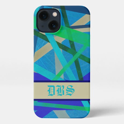 Etui iPhone 13 Monogramme de Motif géométrique bleu et vert (Verso)