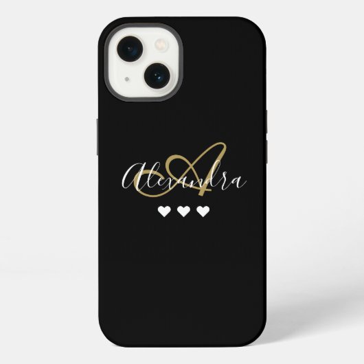 Etui iPhone 13 Monogramme de nom de script Cœurs Noirs Or (Verso)