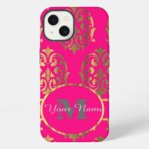 Etui iPhone 13 Monogramme en damas rose vif et or