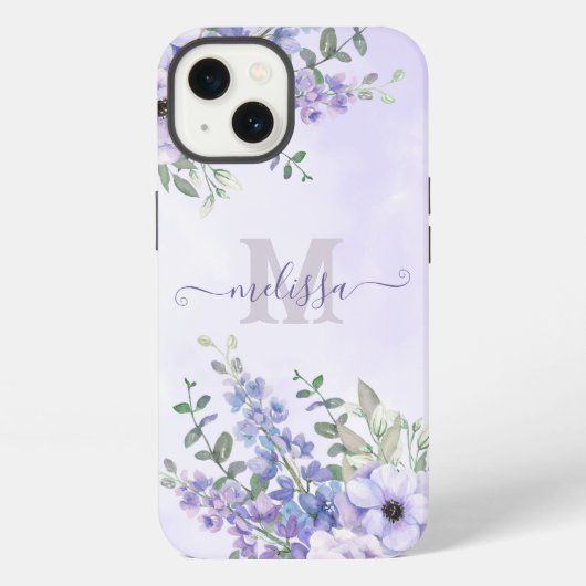 Etui iPhone 13 Monogramme Fleurs Sauvages Violet Rose Nom Script (Verso)