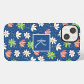 Etui iPhone 13 Monogramme floral Ditsy bleu (Verso Horizontal)
