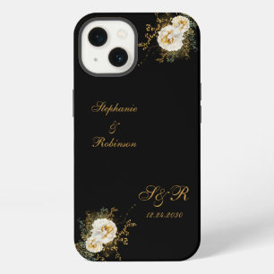 Etui iPhone 13 Monogramme Floral Doré sur Mariage Noir