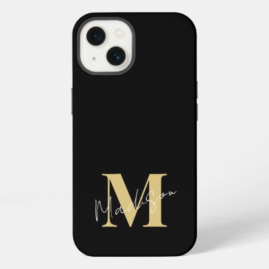 Etui iPhone 13 Monogramme initial minimal moderne en or noir (Verso)