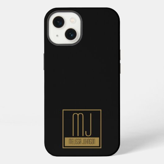 Etui iPhone 13 Monogramme initial noir et or moderne (Verso)