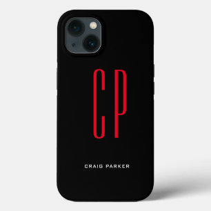 Etui iPhone 13 Monogramme Moderne Professionnel Noir Rouge Uni