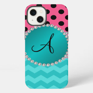 Etui iPhone 13 Monogramme noir rose pois chevrons turquoise