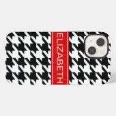 Etui iPhone 13 Monogramme nom rouge Houndstooth noir et blanc #2 (Verso Horizontal)