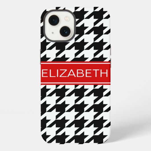 Etui iPhone 13 Monogramme nom rouge Houndstooth noir et blanc #2 (Verso)