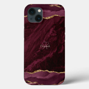 Etui iPhone 13 Monogramme or d'aquarelle d'agate de Bourgogne