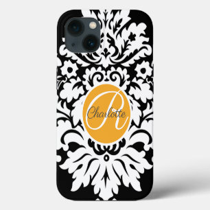 Etui iPhone 13 Monogramme personnalisé Orange noir Damas