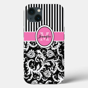 Etui iPhone 13 Monogramme rose, noir, blanc Coque en damas rayé
