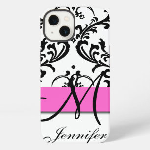 Etui iPhone 13 Monogramme rose noir brun brune Damask