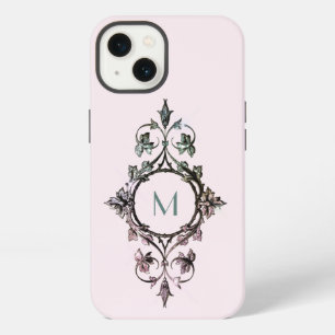 Etui iPhone 13 Monogramme Rose Vert Florissant Chic Orné Féminin