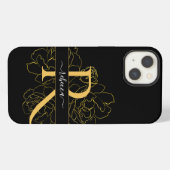 Etui iPhone 13 Monogramme Script Nom Moderne Noir Or Floral (Verso Horizontal)