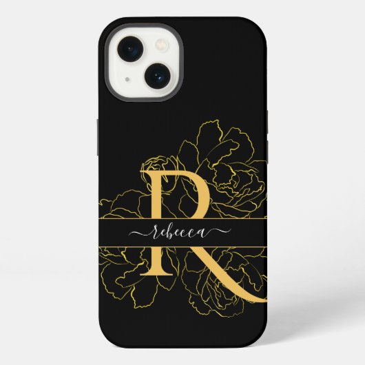 Etui iPhone 13 Monogramme Script Nom Moderne Noir Or Floral (Verso)