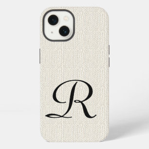 Etui iPhone 13 Monogramme sur faux blanc rustique toile de jute