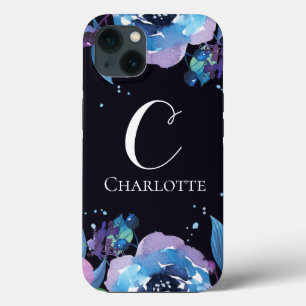 Etui iPhone 13 Monogramme sur fond bleu foncé avec fleurs bleu vi