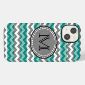 Etui iPhone 13 Monogramme Turquoise et Grey Chevron Zigzag (Verso Horizontal)