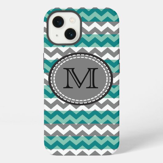 Etui iPhone 13 Monogramme Turquoise et Grey Chevron Zigzag (Verso)