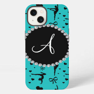 Etui iPhone 13 Monogramme turquoise gymnastique cœurs nœuds