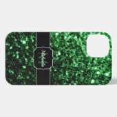 Etui iPhone 13 Monogramme vert foncé faux parties scintillant sci (Verso Horizontal)