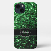 Etui iPhone 13 Monogramme vert foncé faux parties scintillant sci (Verso)