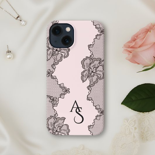 Etui iPhone 13 Monogrammed Black Pink Floral Lace 