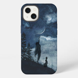Etui iPhone 13 Moody bleu aquarelle lune déesse lièvre de forêt