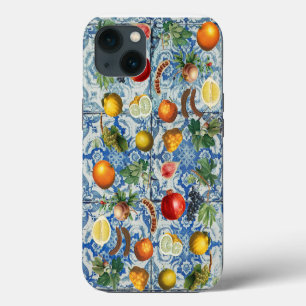 Etui iPhone 13 Mosaïque de fruits d'été méditerranéen et bleu bla