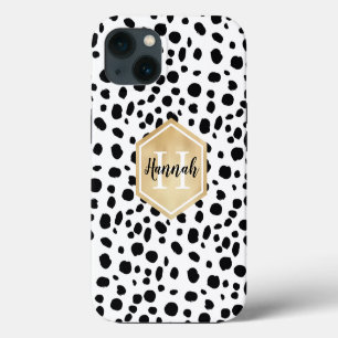 Etui iPhone 13 Motif à taches noir blanc Monogramme Or