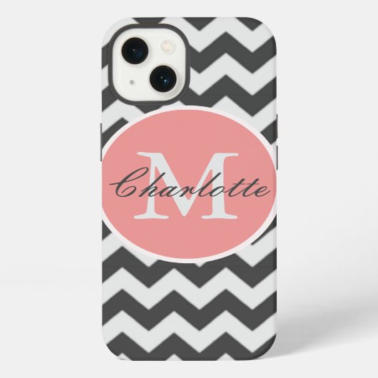 Etui iPhone 13 Motif chevron ZigZag chic monogrammé gris rose (Verso)