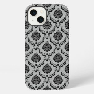 Etui iPhone 13 Motif Damassé Rococo Noir sur Gris