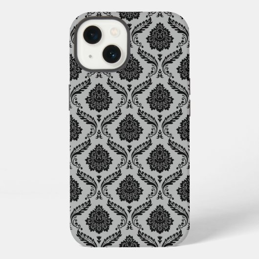 Etui iPhone 13 Motif Damassé Rococo Noir sur Gris (Verso)