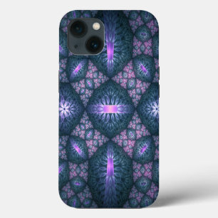 Etui iPhone 13 Motif d'art fractal 3D turquoise violet rose