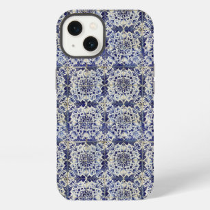 Etui iPhone 13 Motif de carreaux bleu blanc géométrique vintage