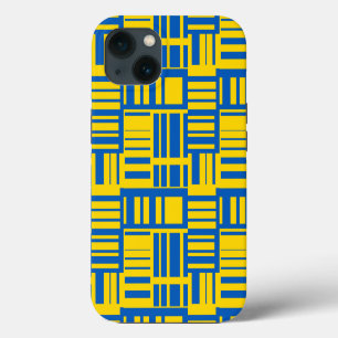 Etui iPhone 13 Motif de design de ligne de couleur bleue et jaune