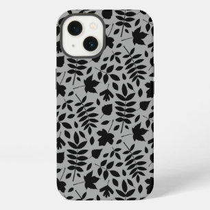 Etui iPhone 13 Motif de feuilles mortes noir sur gris