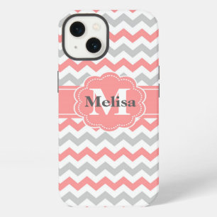 Etui iPhone 13 Motif de monogramme zigzag en chevron rose gris