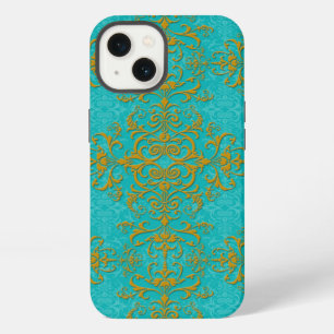 Etui iPhone 13 Motif de style damas or et turquoise