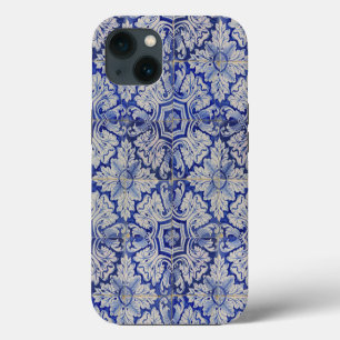Etui iPhone 13 Motif floral méditerranéen vintage bleu et blanc