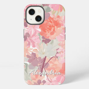 Etui iPhone 13 Motif floral monogramme en corail rose aquarelle