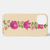 Etui iPhone 13 Motif hongrois de broderie, "Matyó" - rose (Verso Horizontal)