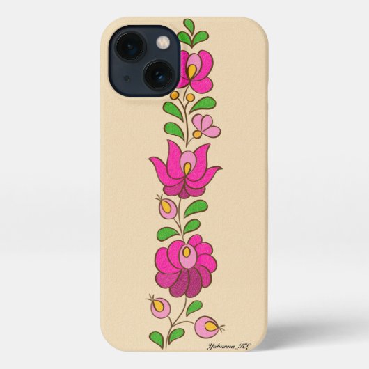 Etui iPhone 13 Motif hongrois de broderie, "Matyó" - rose (Verso)