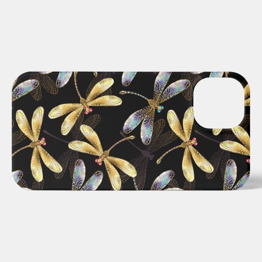 Etui iPhone 13 Motif sans couture avec libellules d'or (Verso Horizontal)