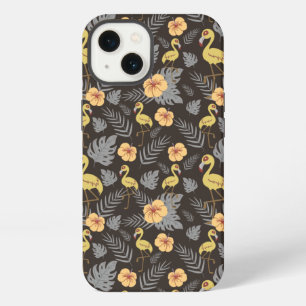 Etui iPhone 13 Motif sans couture de flamant rose avec des fleurs