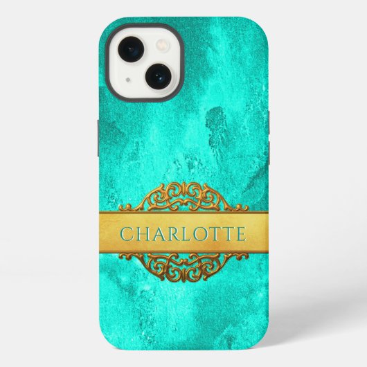 Etui iPhone 13 Nom Aqua et Gold Abstrait (Verso)