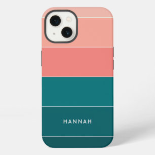 Etui iPhone 13 Nom de bloc de couleur Vert saumon rose rayures
