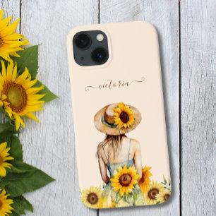 Etui iPhone 13 Nom de script floral aquarelle tournesol Bohi Art