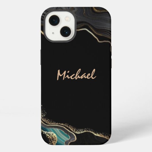 Etui iPhone 13 Nom de script paillettes or noir agate moderne (Verso)